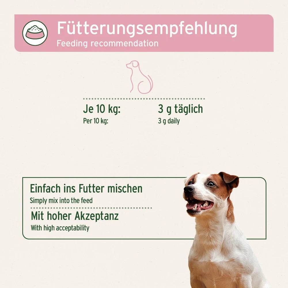 Fütterungsempfehlung für 4 in 1 Rundumversorgung für Hunde - 3 g täglich pro 10 kg Körpergewicht.