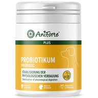 Das Bild zeigt die Verpackung von AniForte® Probiotikum. Es unterstützt die Stabilisierung der physiologischen Verdauung bei Tieren. Das Produkt ist speziell für Hunde entwickelt und enthält Probiotika. Die Verpackung ist in einem gelben Design gehalten, das die Funktion des Produkts zur Verdauungsstabilisierung hervorhebt. Es wird auch auf die innovative und geprüfte Qualität des Produkts hingewiesen.