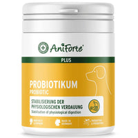 Das Bild zeigt die Verpackung von AniForte® Probiotikum. Es unterstützt die Stabilisierung der physiologischen Verdauung bei Tieren. Das Produkt ist speziell für Hunde entwickelt und enthält Probiotika. Die Verpackung ist in einem gelben Design gehalten, das die Funktion des Produkts zur Verdauungsstabilisierung hervorhebt. Es wird auch auf die innovative und geprüfte Qualität des Produkts hingewiesen.