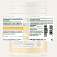 Das Bild zeigt die Etiketten des Produkts "Probiotikum" von AniForte, das zur Stabilisierung der physiologischen Verdauung von Hunden beiträgt. Auf der Vorderseite wird die Fütterungsempfehlung angezeigt, dass Hunde mit einem Gewicht von 10 kg täglich eine Tablette erhalten sollen, mit einer anfänglichen Fütterungsdauer von 4 Wochen. Auf der Rückseite sind die Zutaten sowie analytische Bestandteile aufgelistet.