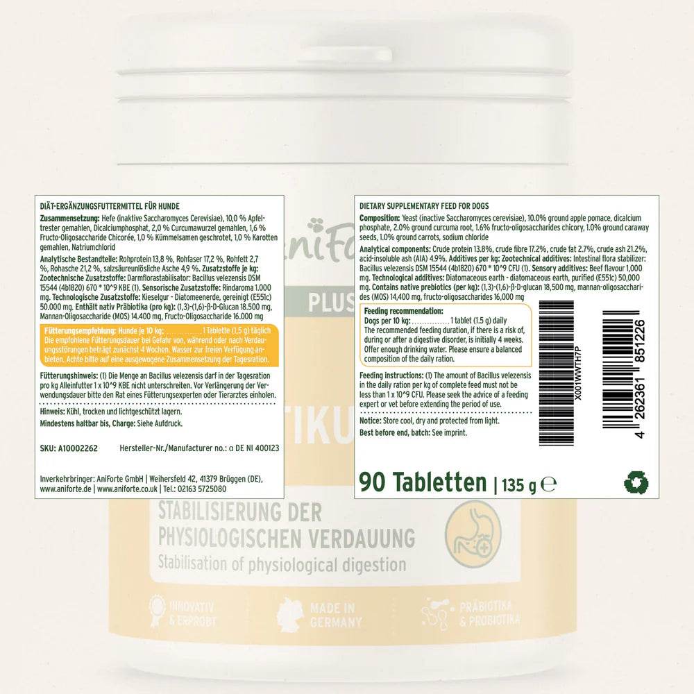 Das Bild zeigt die Etiketten des Produkts "Probiotikum" von AniForte, das zur Stabilisierung der physiologischen Verdauung von Hunden beiträgt. Auf der Vorderseite wird die Fütterungsempfehlung angezeigt, dass Hunde mit einem Gewicht von 10 kg täglich eine Tablette erhalten sollen, mit einer anfänglichen Fütterungsdauer von 4 Wochen. Auf der Rückseite sind die Zutaten sowie analytische Bestandteile aufgelistet.