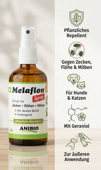 ANIBIO Melaflon Spray Featurebild mit pflanzlichem Repellent gegen Zecken, Flöhe und Milben für Hunde und Katzen