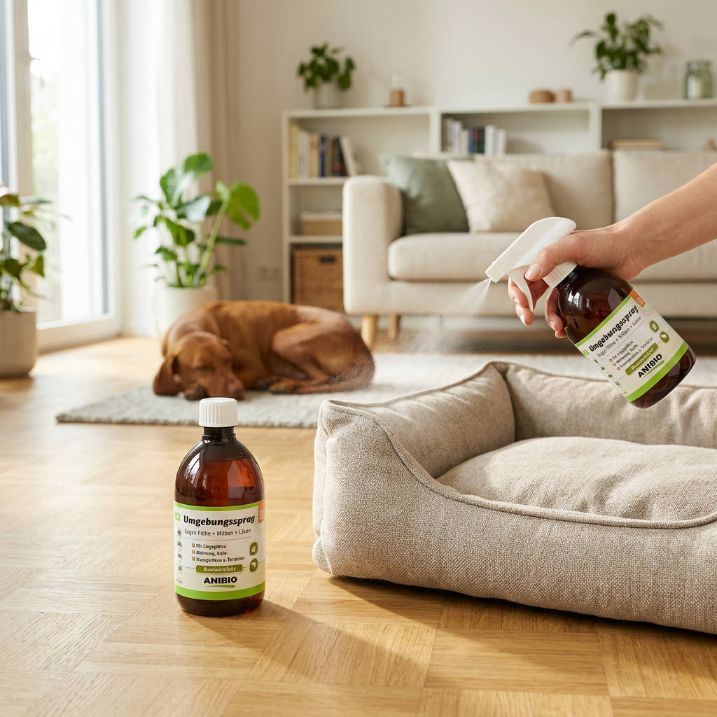 ANIBIO Umgebungs-Spray wird auf Hundebett oder Decke angewendet und dient zur Behandlung der Tierumgebung