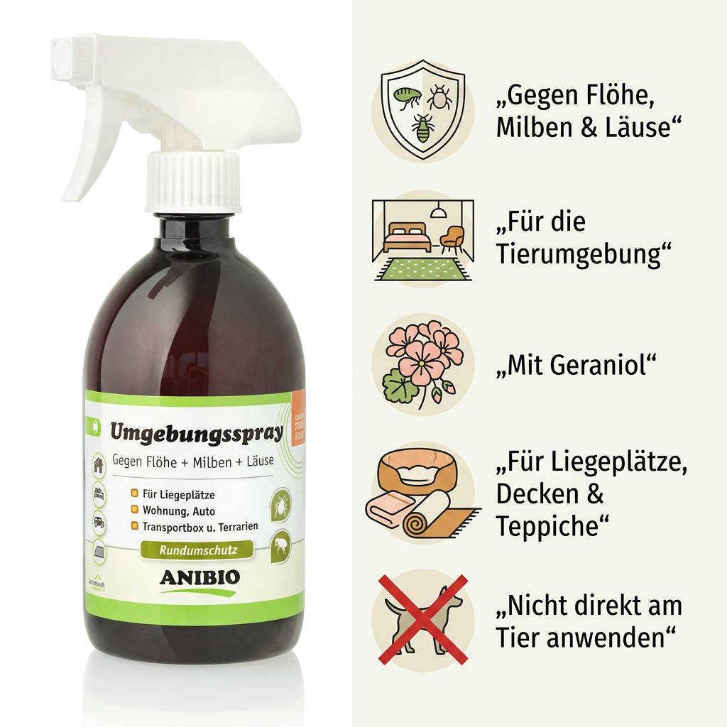 ANIBIO Umgebungs-Spray Featurebild mit Geraniol für Liegeplätze, Decken, Teppiche und andere Bereiche der Tierumgebung