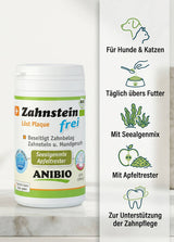 ANIBIO Zahnstein-frei Featurebild mit Zahnpflegepulver für Hunde und Katzen, Seealgenmix, Apfeltrester und täglicher Anwendung über das Futter