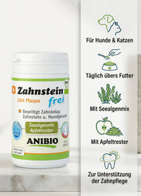 ANIBIO Zahnstein-frei Featurebild mit Zahnpflegepulver für Hunde und Katzen, Seealgenmix, Apfeltrester und täglicher Anwendung über das Futter