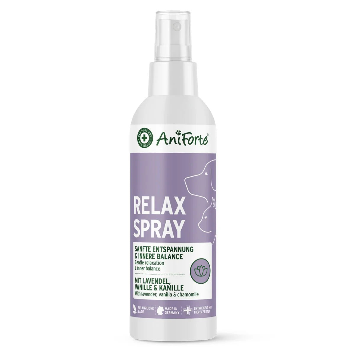 AniForte Relax Spray für Hunde & Katzen mit Lavendel, Kamille und Vanille. Umgebungsspray für mehr Ruhe bei Gewitter, Reisen, Silvester und Stress.