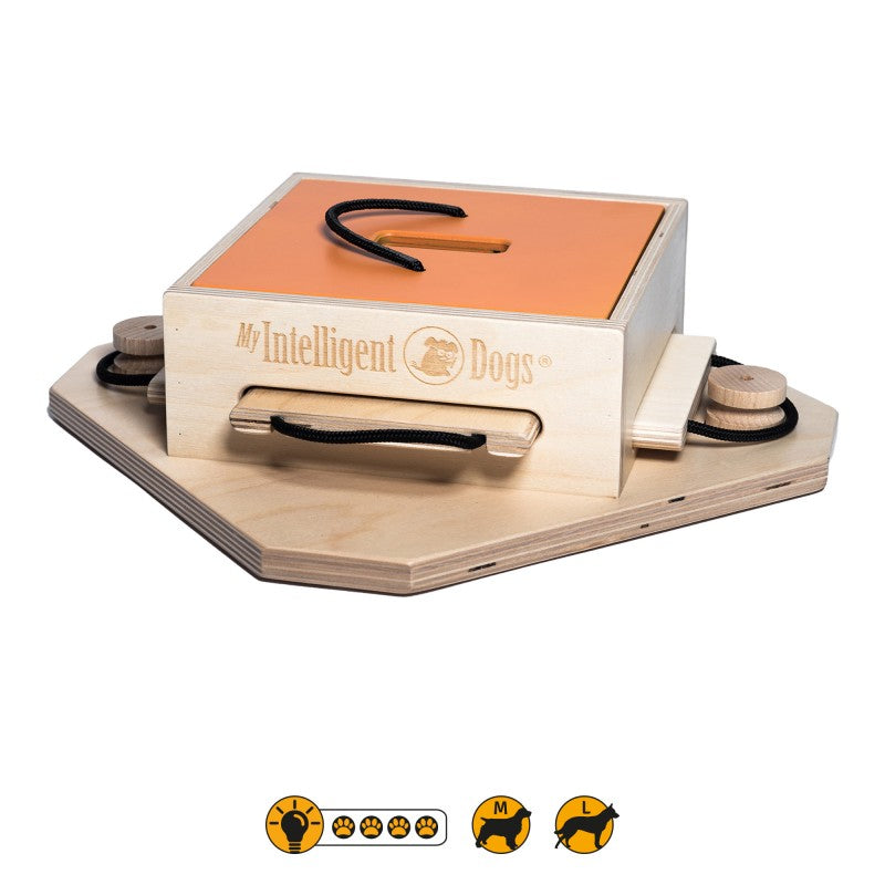 Intelligenzspiel ‚Trouble‘ aus Holz von My Intelligent Dogs – anspruchsvolles Denkspielzeug für mittelgroße und große Hunde mit Walzen und Schiebeplatten