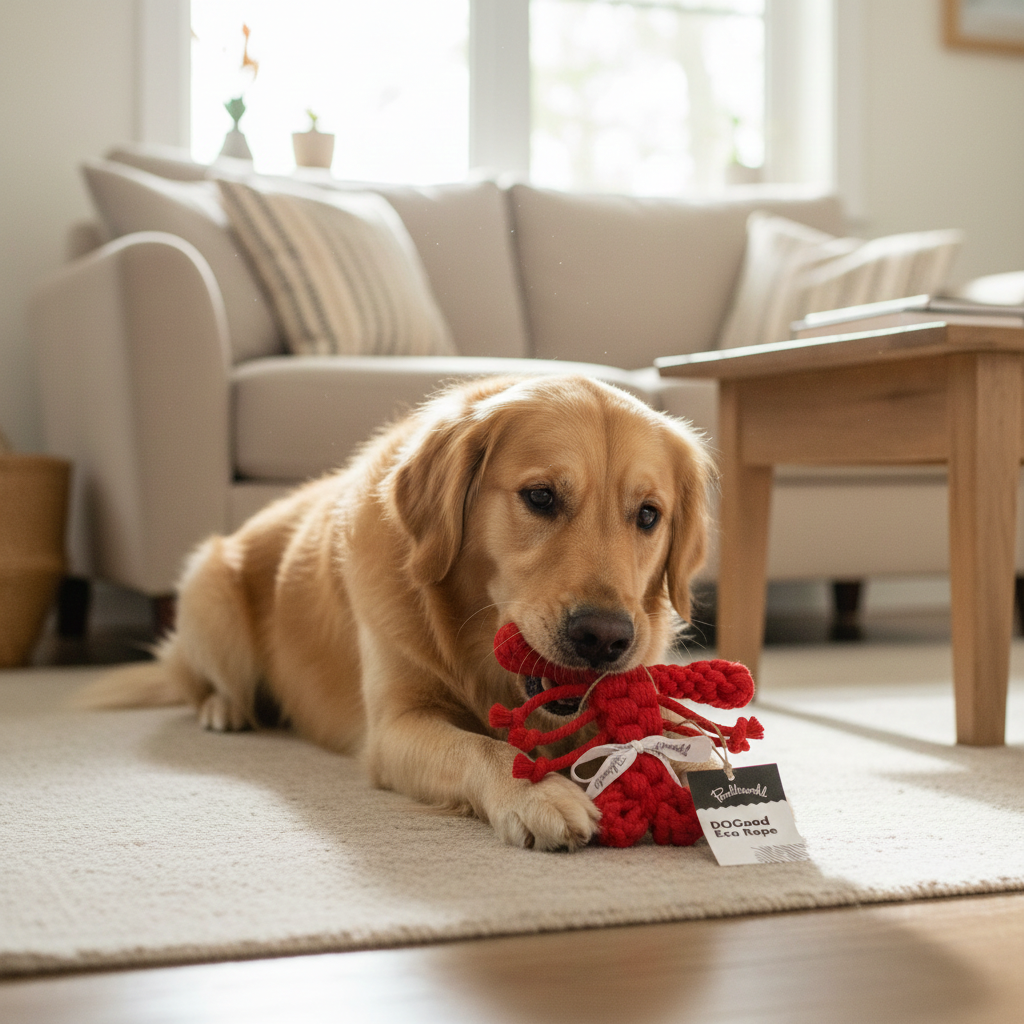 Hund spielt mit dem Baumwoll-Hundespielzeug Hugo – handgefertigtes, zahnfreundliches und nachhaltiges DOGood Spielzeug im Einsatz“