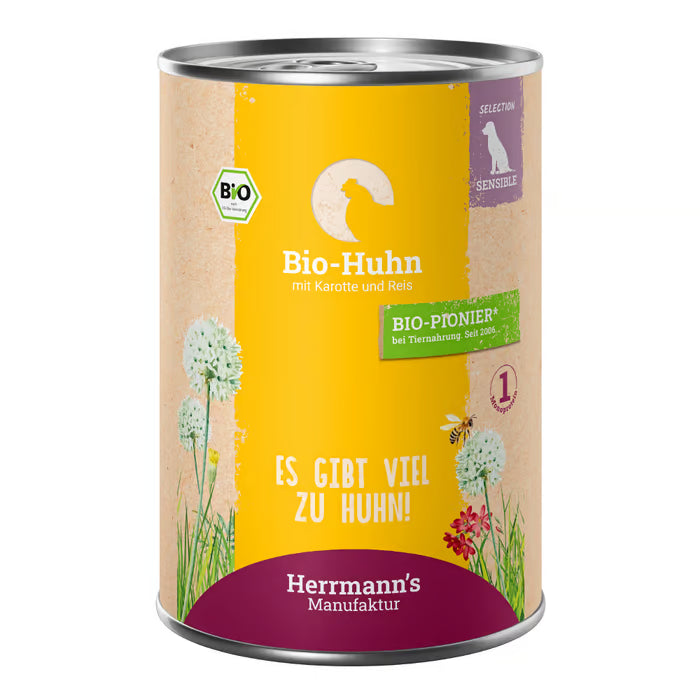 Herrmann Bio Huhn & Reis Hundefutter mit 50% Bio-Huhn, Bio-Reis und Fenchel. Gut verträgliches Nassfutter für sensible Hunde in Bio-Qualität.