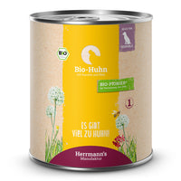 Herrmann Bio Huhn & Reis Hundefutter mit 50% Bio-Huhn, Bio-Reis und Fenchel. Gut verträgliches Nassfutter für sensible Hunde in Bio-Qualität.