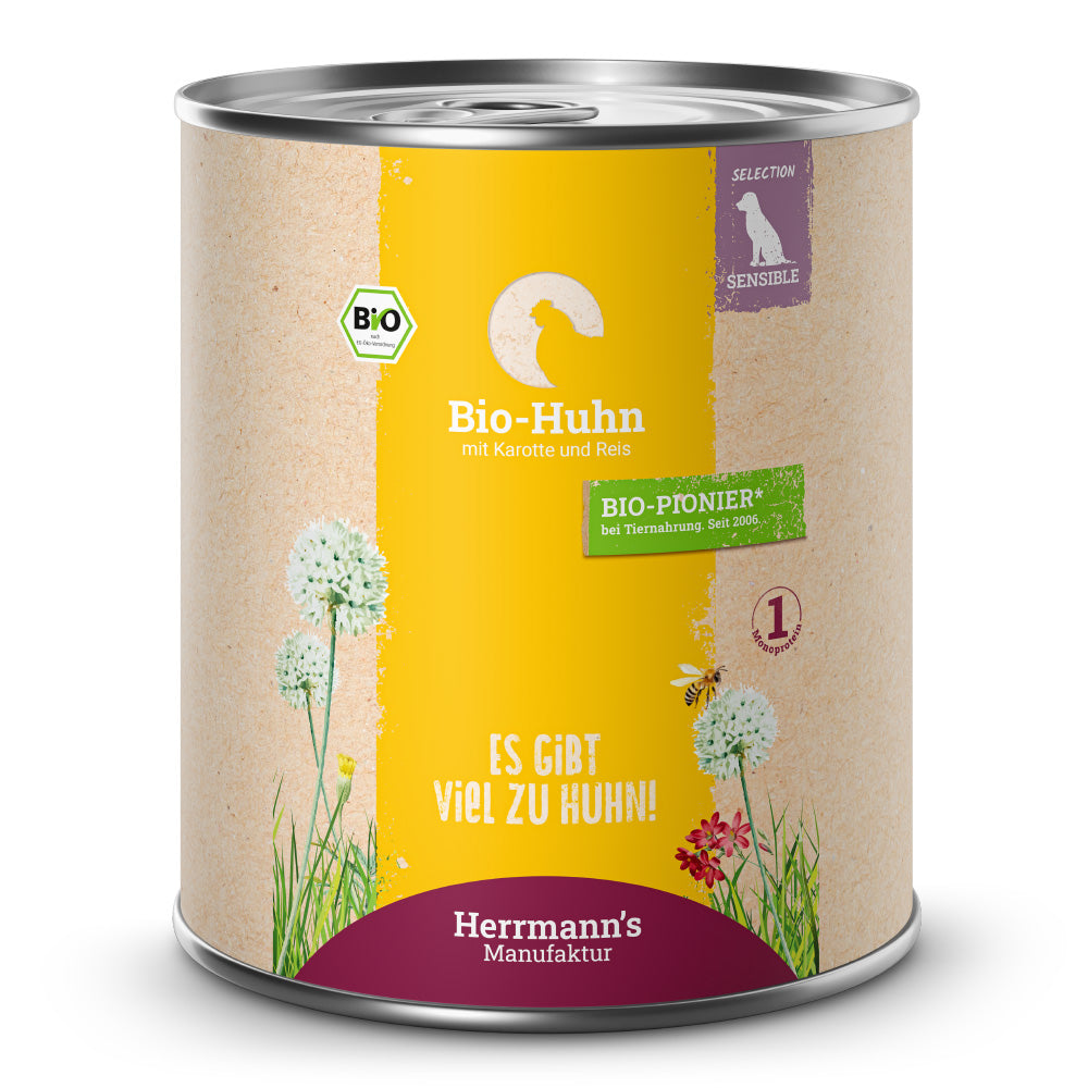 Herrmann Bio Huhn & Reis Hundefutter mit 50% Bio-Huhn, Bio-Reis und Fenchel. Gut verträgliches Nassfutter für sensible Hunde in Bio-Qualität.