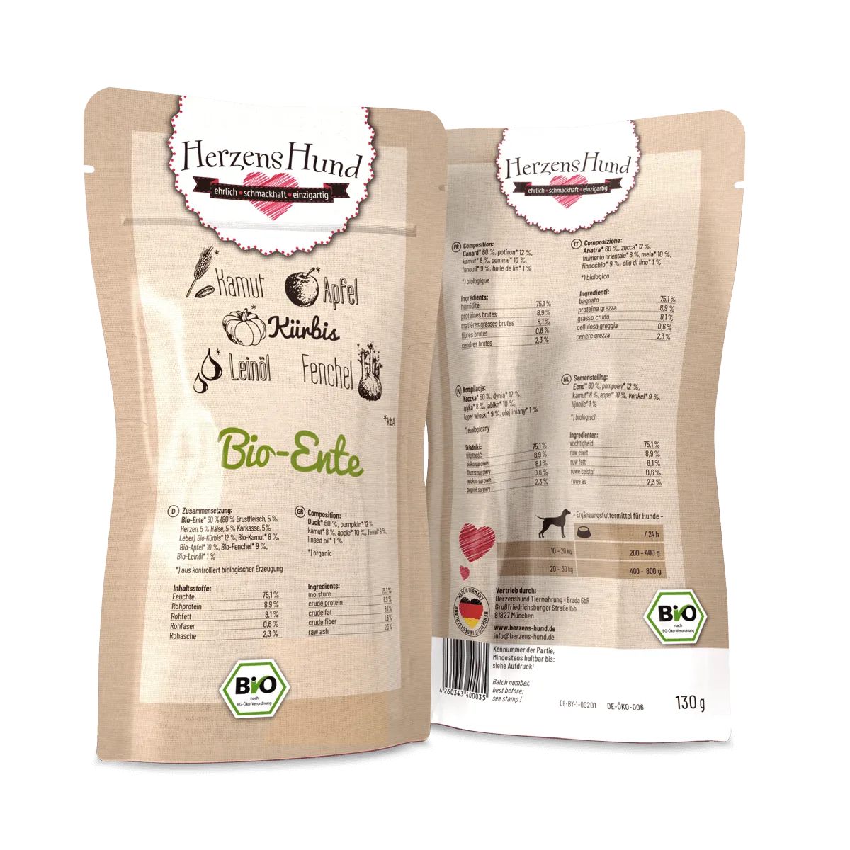 Herzenshund Bio Hundenassfutter Ente – Natürlich & verträglich 130g
