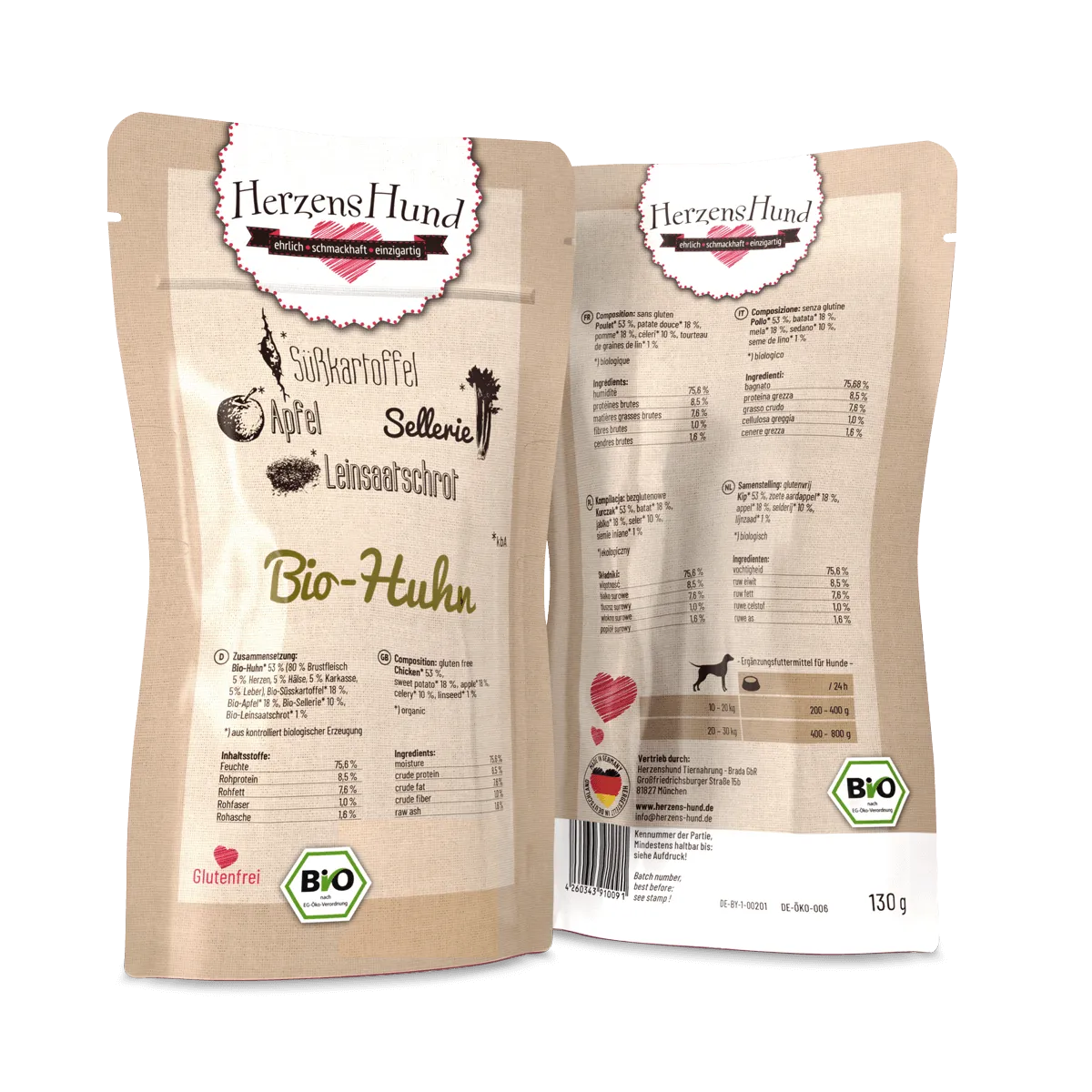 Herzenshund Bio Hundenassfutter Huhn – Sensitive & natürlich 130g