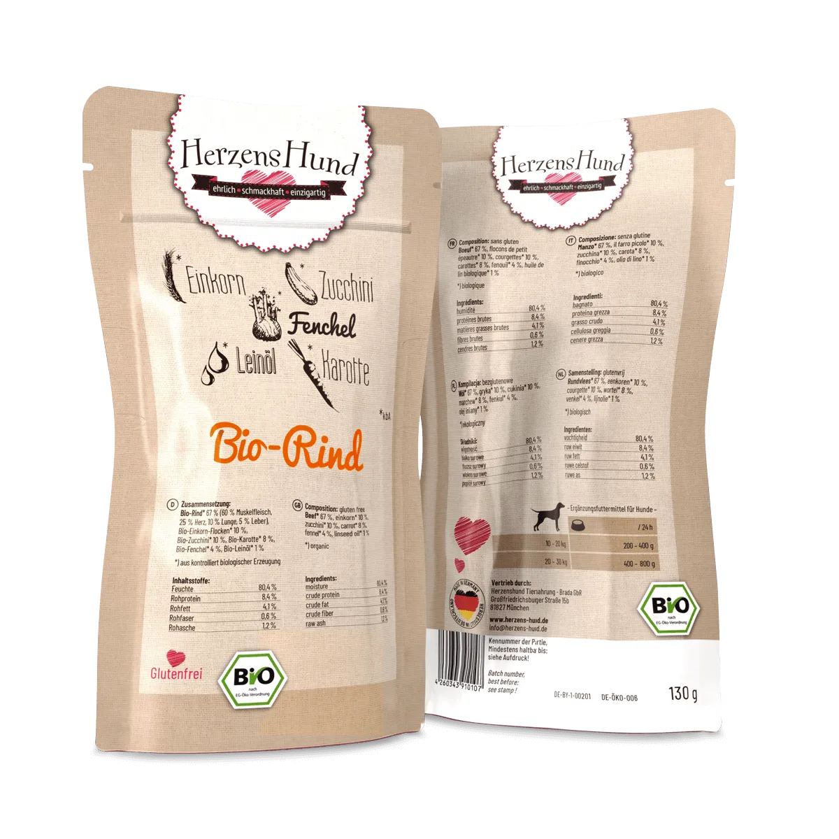 Herzenshund Bio Hundenassfutter Rind – Nährstoffreich & natürlich 130g