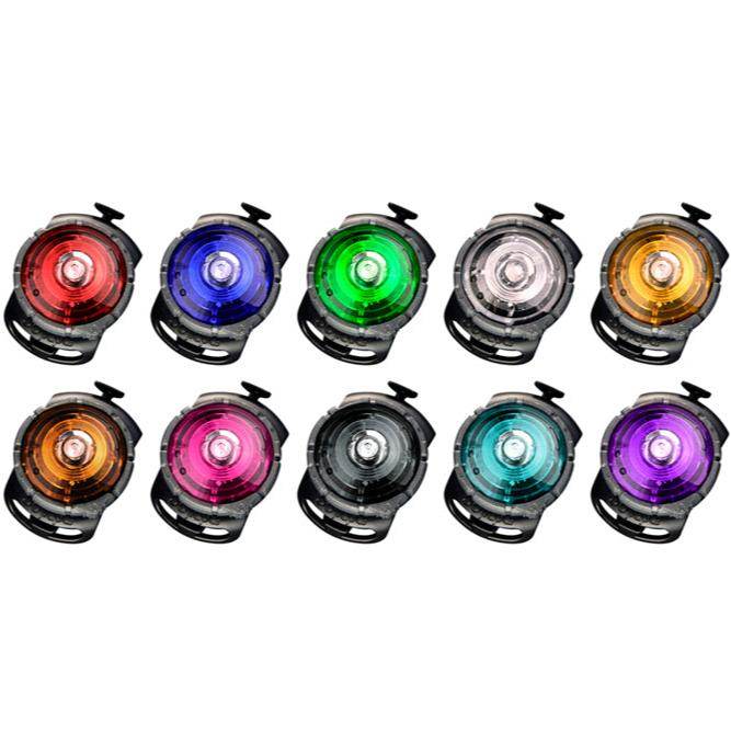 Orbiloc Dog Dual LED-Hundelicht in Leuchtfarbe, befestigt am Hundehalsband, sorgt für maximale Sichtbarkeit bis 5 km bei Dunkelheit, ist wasserdicht, robust und in 10 Farben erhältlich.