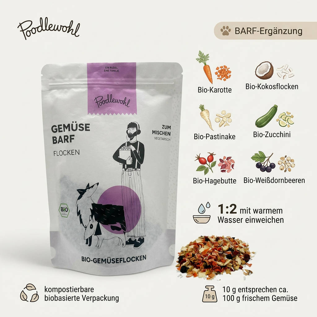 Poodlewohl Bio-Gemüseflocken Rezepturbild mit Karotte, Kokosflocken, Pastinake, Zucchini, Hagebutte, Aroniabeeren und Weißdornbeeren