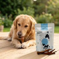 Hund kaut auf einem getrockneten Poodlewohl Bio-Hühnerfuß in natürlicher Umgebung mit sichtbarer Snack-Verpackung