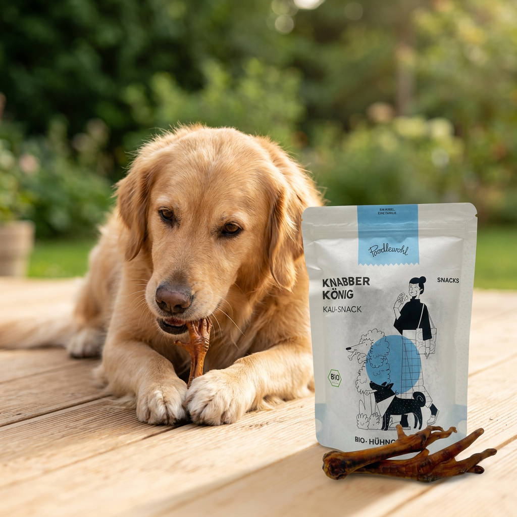 Hund kaut auf einem getrockneten Poodlewohl Bio-Hühnerfuß in natürlicher Umgebung mit sichtbarer Snack-Verpackung