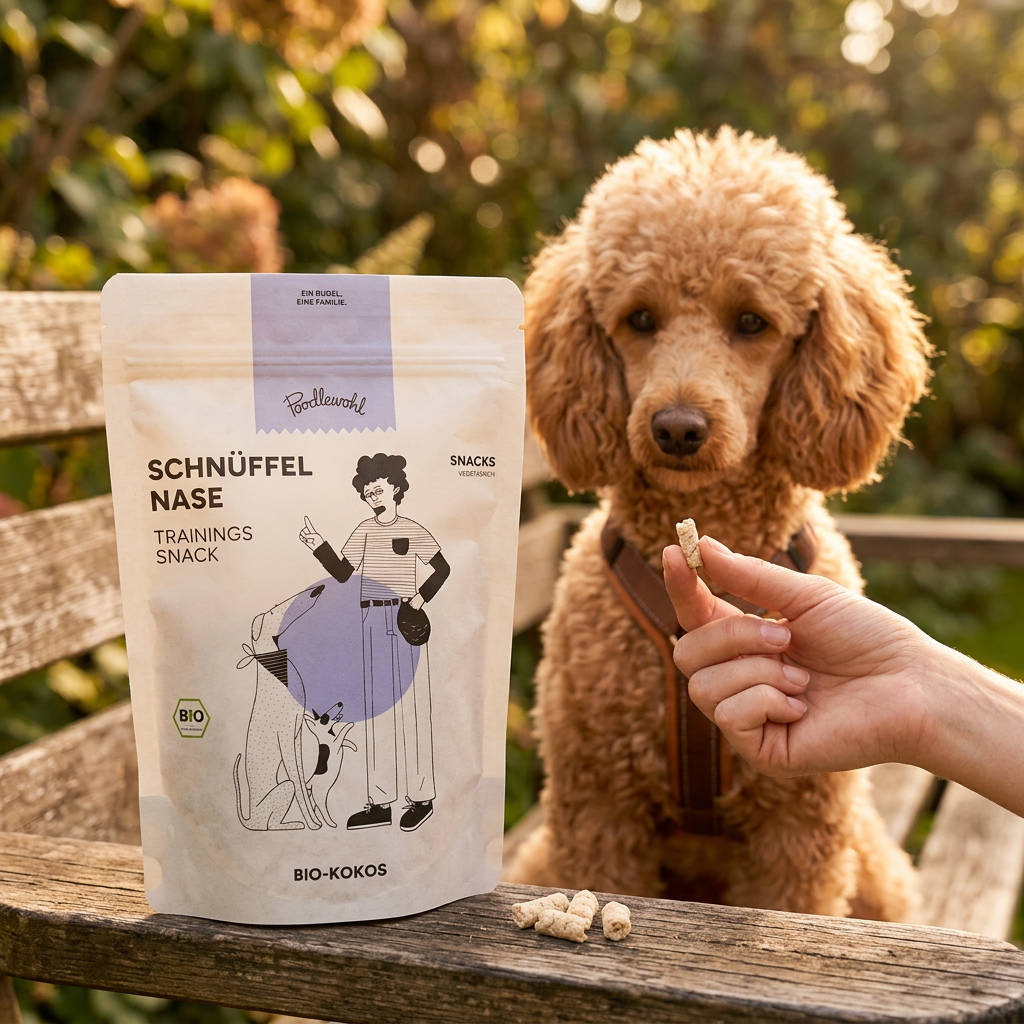 Poodlewohl Bio-Kokos Leckerli Beutel mit kleinem vegetarischem Hundesnack beim Training im Park oder Garten