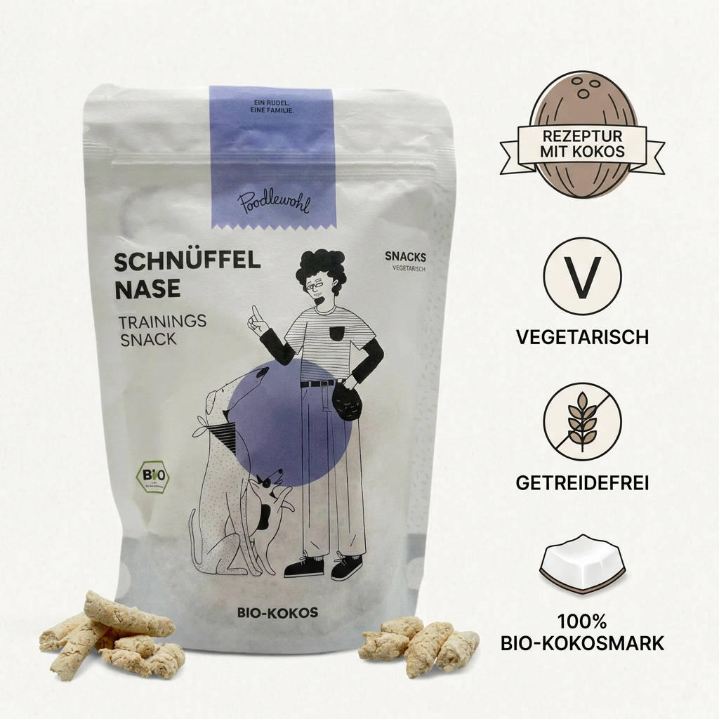 Poodlewohl Bio-Kokos Leckerli Rezepturbild mit 100 Prozent Bio-Kokosmark, vegetarischem Snack-Konzept und DE-ÖKO-006
