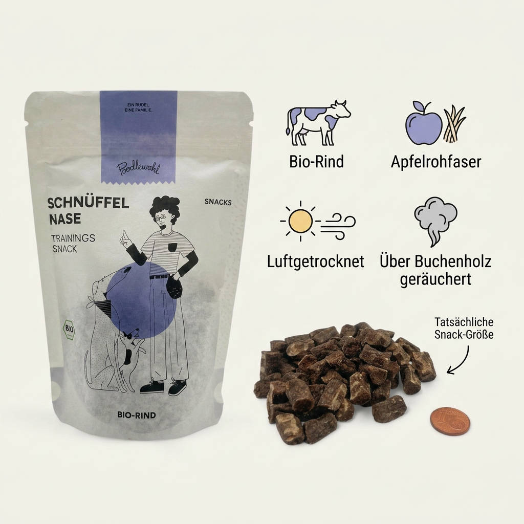 Poodlewohl Bio-Rind Snack Beutel mit kleinem Hundesnack beim Training im Park oder Garten