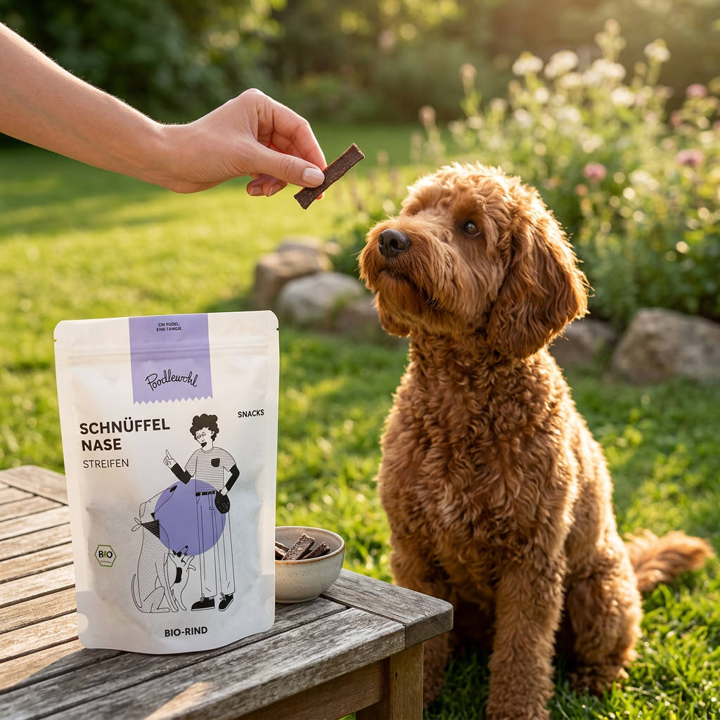 Poodlewohl Bio-Rind Streifen Snack-Beutel mit kleinem Rind-Streifen beim Hundetraining im Park oder Garten
