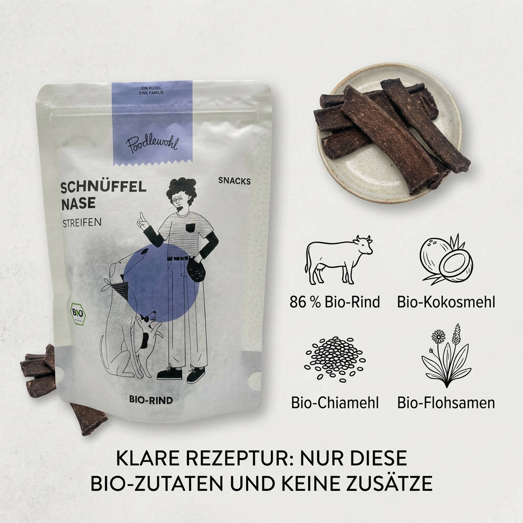 Poodlewohl Bio-Rind Streifen Rezepturbild mit 86 Prozent Bio-Rind, Kokosmehl, Chiamehl, Flohsamen und biobasierter Verpackung