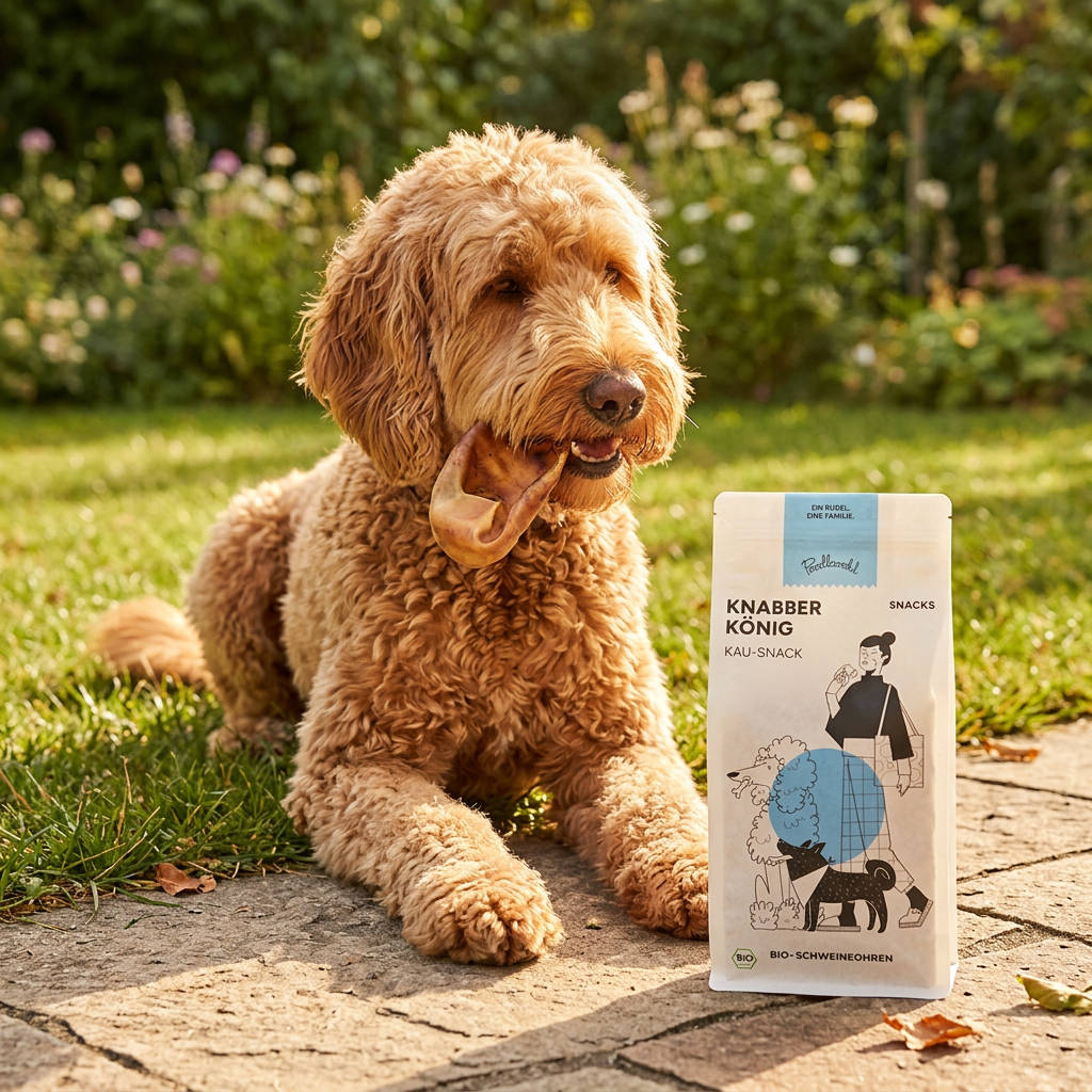 Mittelgroßer bis großer Hund kaut auf einem getrockneten Poodlewohl Bio-Schweineohr in natürlicher Umgebung mit sichtbarer Snack-Verpackung