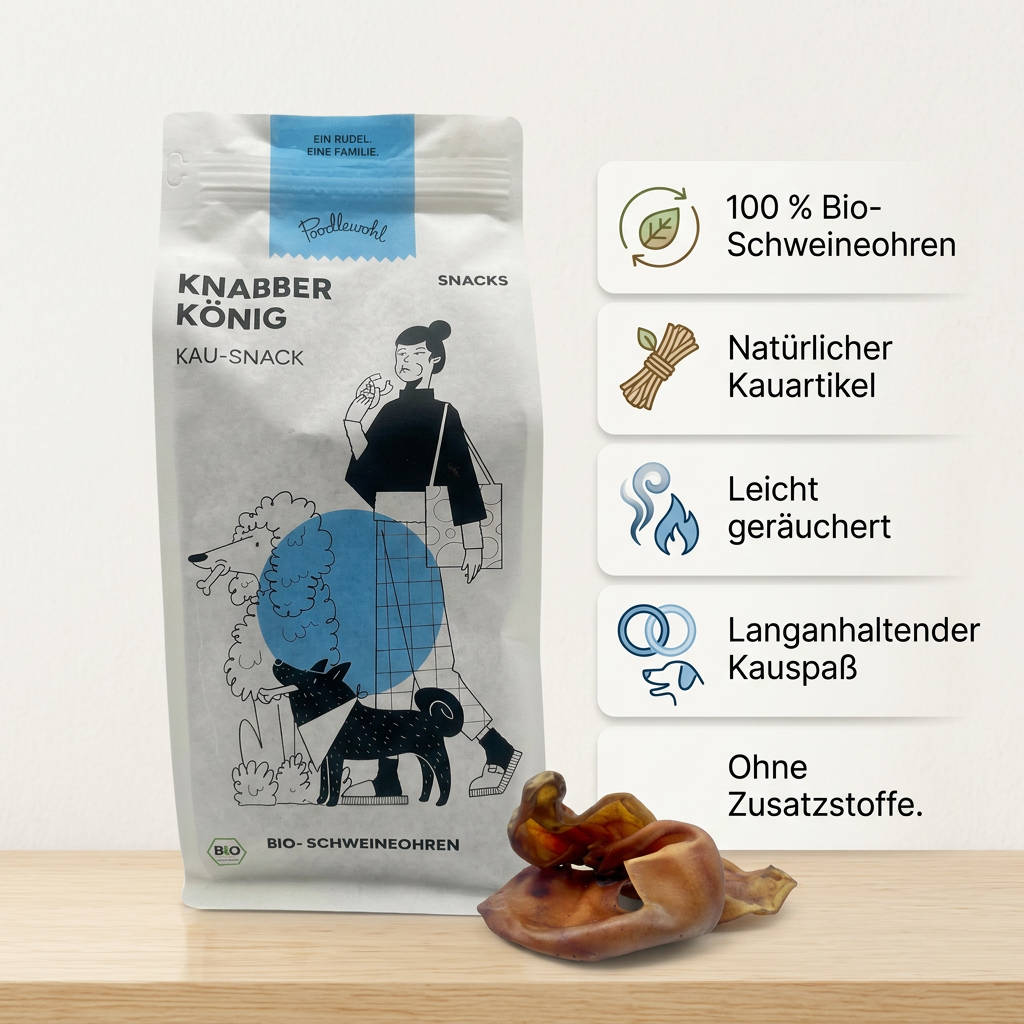 Poodlewohl Bio-Schweineohren Rezepturbild mit 100 Prozent Bio-Schweineohren, leicht geräucherter Verarbeitung und natürlichem Kauspaß