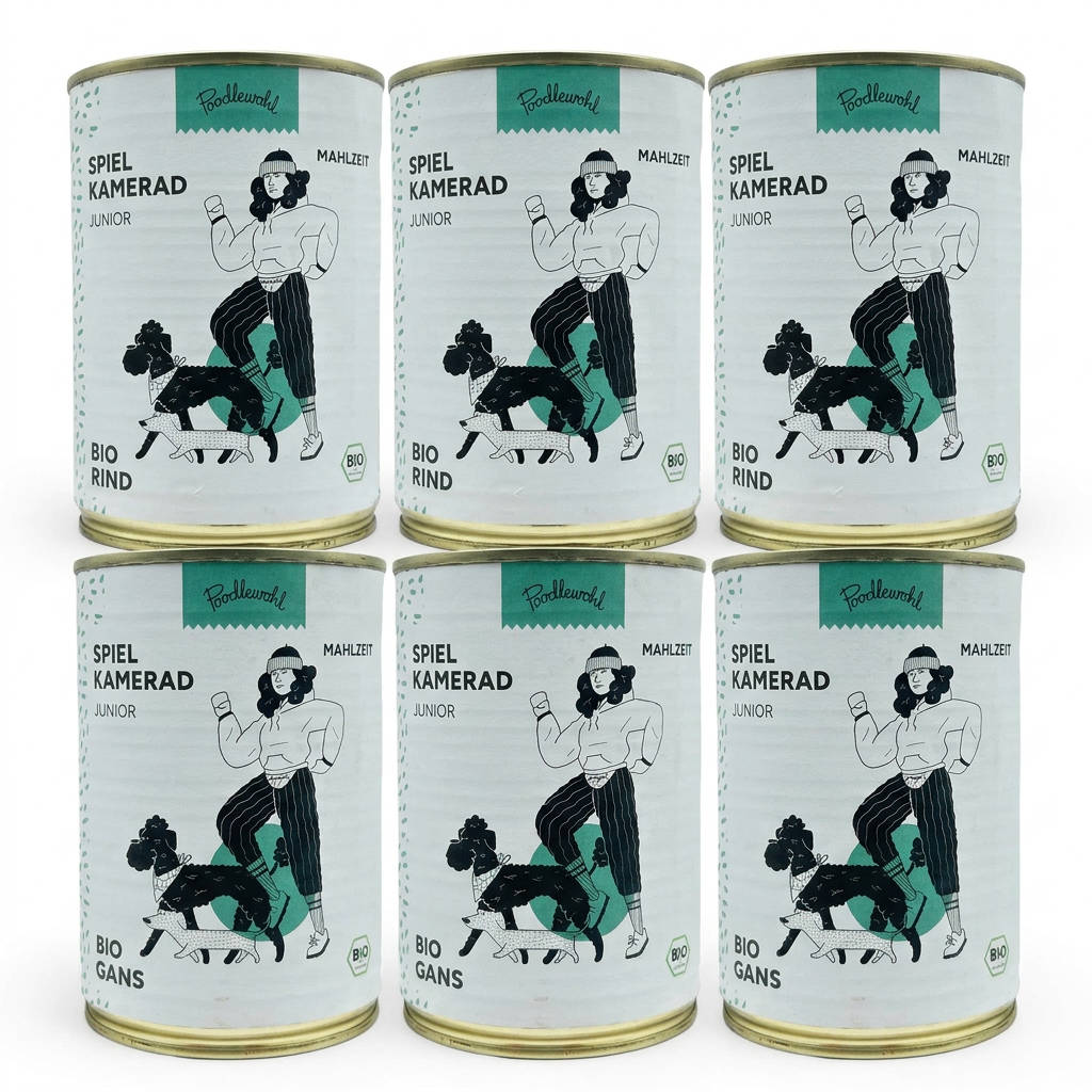 Poodlewohl Bio Juniorfutter Bundle 6x400g mit drei Dosen Gans Junior und drei Dosen Rind Junior als Probierpaket für Welpen und Junghunde