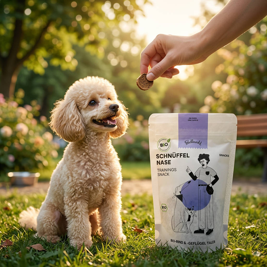 Poodlewohl Bio Leckerli Rind und Huhn Snack-Beutel mit kleinen Snack-Talern beim Hundetraining im Park oder Garten