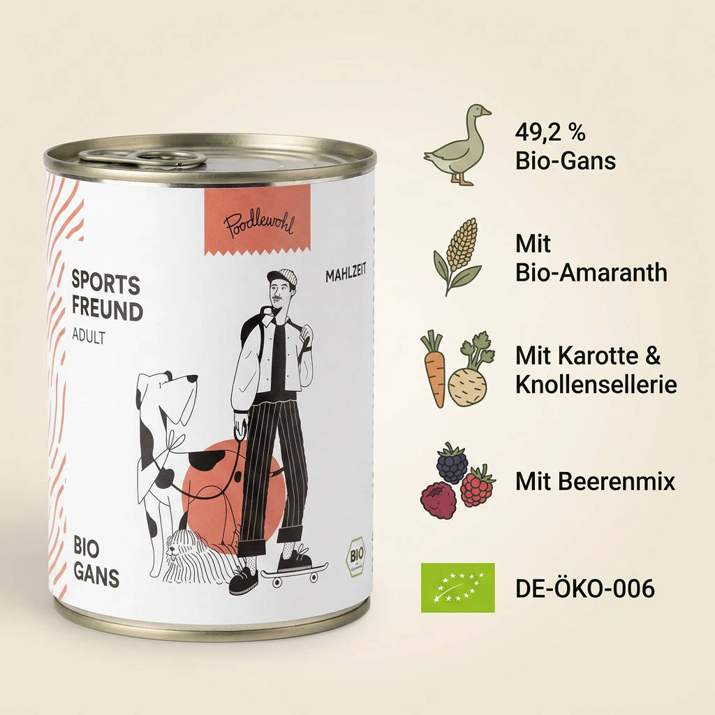 Poodlewohl Bio Nassfutter Gans Adult Featurebild mit 49,2 Prozent Bio-Gans, Bio-Amaranth, Karotte, Knollensellerie und Beerenmix