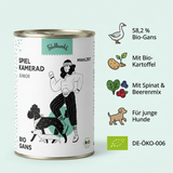Poodlewohl Bio Nassfutter Gans Junior Featurebild mit 58,2 Prozent Bio-Gans, Bio-Kartoffel, Spinat, Beerenmix und DE-ÖKO-006