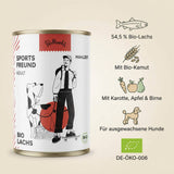 Poodlewohl Bio Nassfutter Lachs Adult Featurebild mit 54,5 Prozent Bio-Lachs, Bio-Kamut, Karotte, Apfel, Birne und DE-ÖKO-006