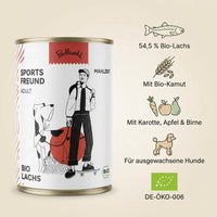 Poodlewohl Bio Nassfutter Lachs Adult Featurebild mit 54,5 Prozent Bio-Lachs, Bio-Kamut, Karotte, Apfel, Birne und DE-ÖKO-006