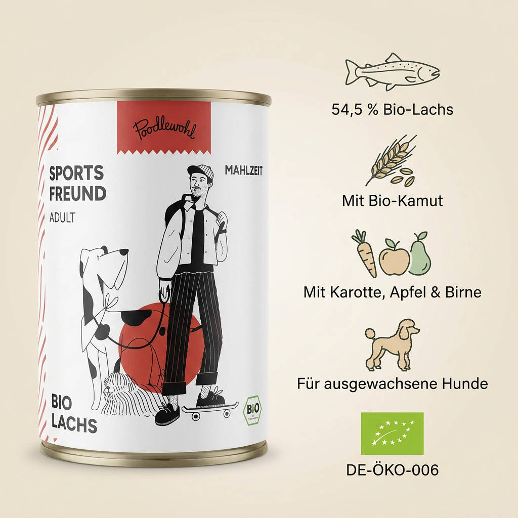 Poodlewohl Bio Nassfutter Lachs Adult Featurebild mit 54,5 Prozent Bio-Lachs, Bio-Kamut, Karotte, Apfel, Birne und DE-ÖKO-006