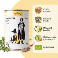 Poodlewohl Bio Nassfutter Pute Senior Featurebild mit 47,3 Prozent Bio-Pute, Apfel, Zucchini, Eisbergsalat, Topinambur und DE-ÖKO-006