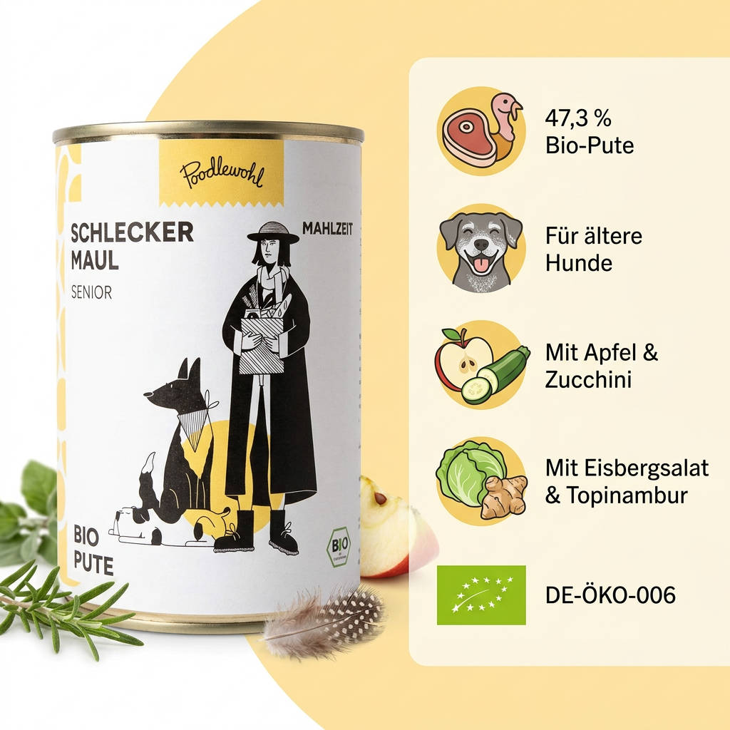 Poodlewohl Bio Nassfutter Pute Senior Featurebild mit 47,3 Prozent Bio-Pute, Apfel, Zucchini, Eisbergsalat, Topinambur und DE-ÖKO-006
