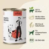 Poodlewohl Bio Nassfutter Rind Adult Featurebild mit 32,7 Prozent Bio-Rind, Bio-Hähnchenkarkasse, Hirse, Haferflocken und DE-ÖKO-006
