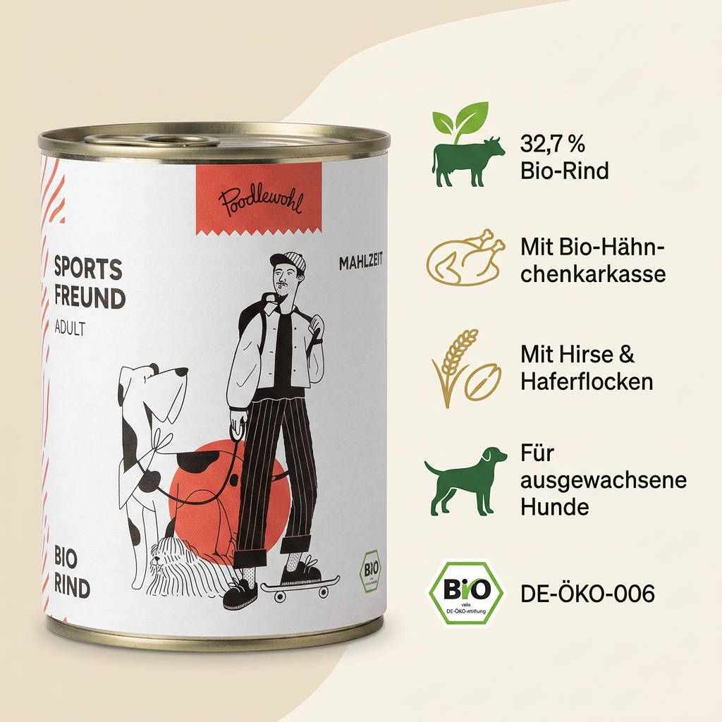 Poodlewohl Bio Nassfutter Rind Adult Featurebild mit 32,7 Prozent Bio-Rind, Bio-Hähnchenkarkasse, Hirse, Haferflocken und DE-ÖKO-006