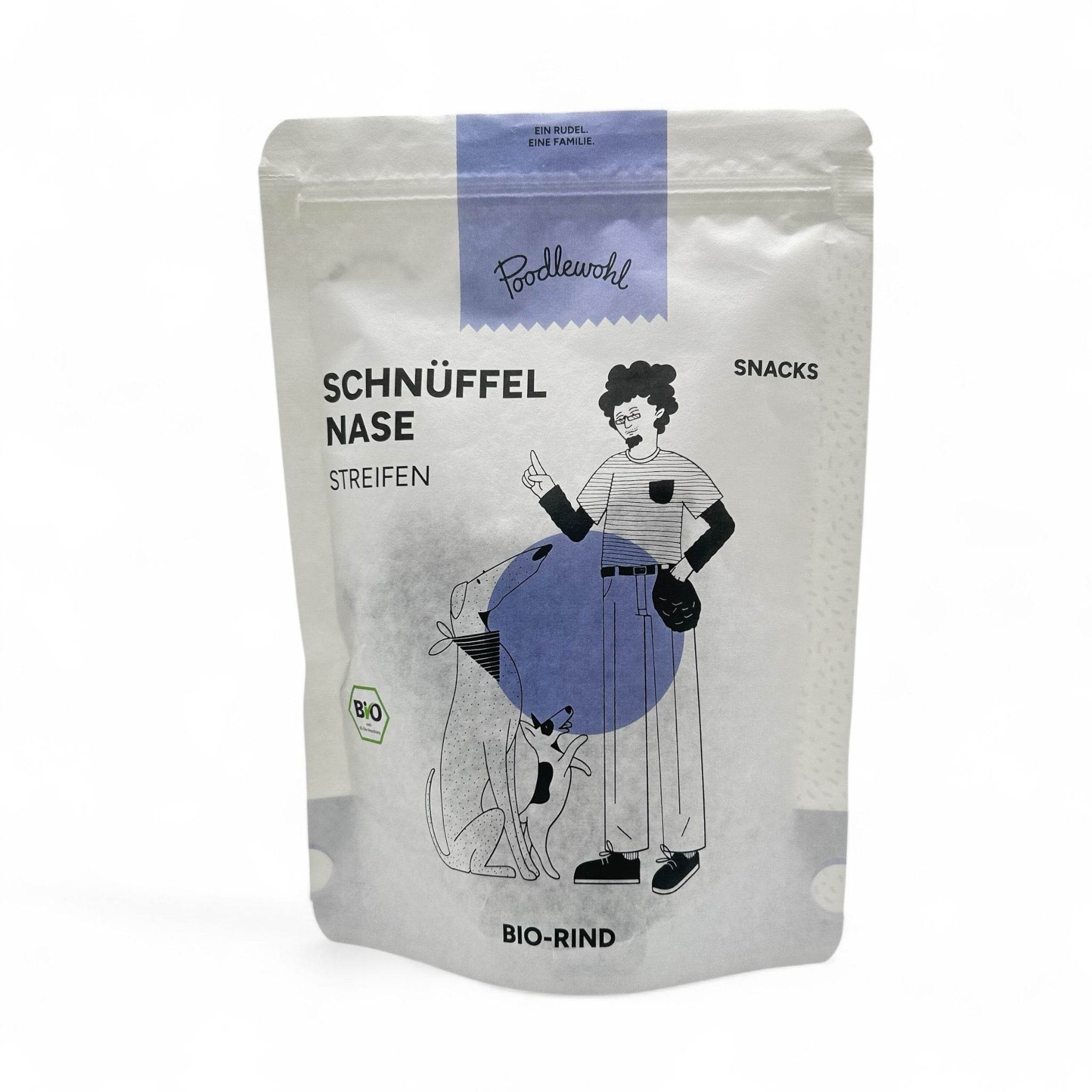 Bio-Rind-Snack-Streifen für Hunde mit 86% Rind aus Muskelfleisch, Herz, Lunge und Leber, angereichert mit Kokosmehl, Chiamehl und Flohsamen. Ohne künstliche Zusätze, mit Rosmarin und Meersalz als natürliche Konservierungsmittel.
