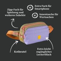 Woolly Wolf Alpha 360 Umhängetasche aus recyceltem RPET mit Leckerli-Fach, Kotbeutelspender, Handyfach, Magnetverschluss und reflektierenden 3M-Details.