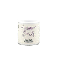 Behälter von Lunderland Algenkalk, 100 % Lithothamnium calcareum, für die Fleischfütterung von Hunden und Katzen. Das Produkt ist zur Unterstützung der Kalziumversorgung gedacht.