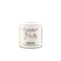 Behälter von Lunderland Algenkalk, 100 % Lithothamnium calcareum, für die Fleischfütterung von Hunden und Katzen. Das Produkt ist zur Unterstützung der Kalziumversorgung gedacht.