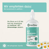Empfohlene Anwendung des AniForte VET Ohrenreinigers zur zusätzlichen Pflege nach der Anwendung des Ohrmilbenöls.