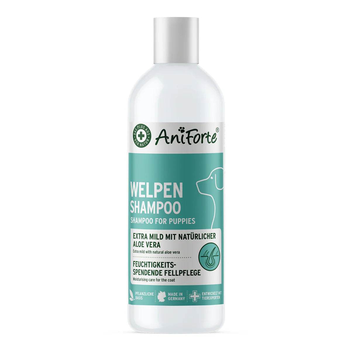 AniForte® Aloe Vera Shampoo – Mildes Shampoo für Welpen und empfindliche Hunde, enthält feuchtigkeitsspendende Aloe Vera, ideal für glänzendes Fell und empfindliche Haut.

