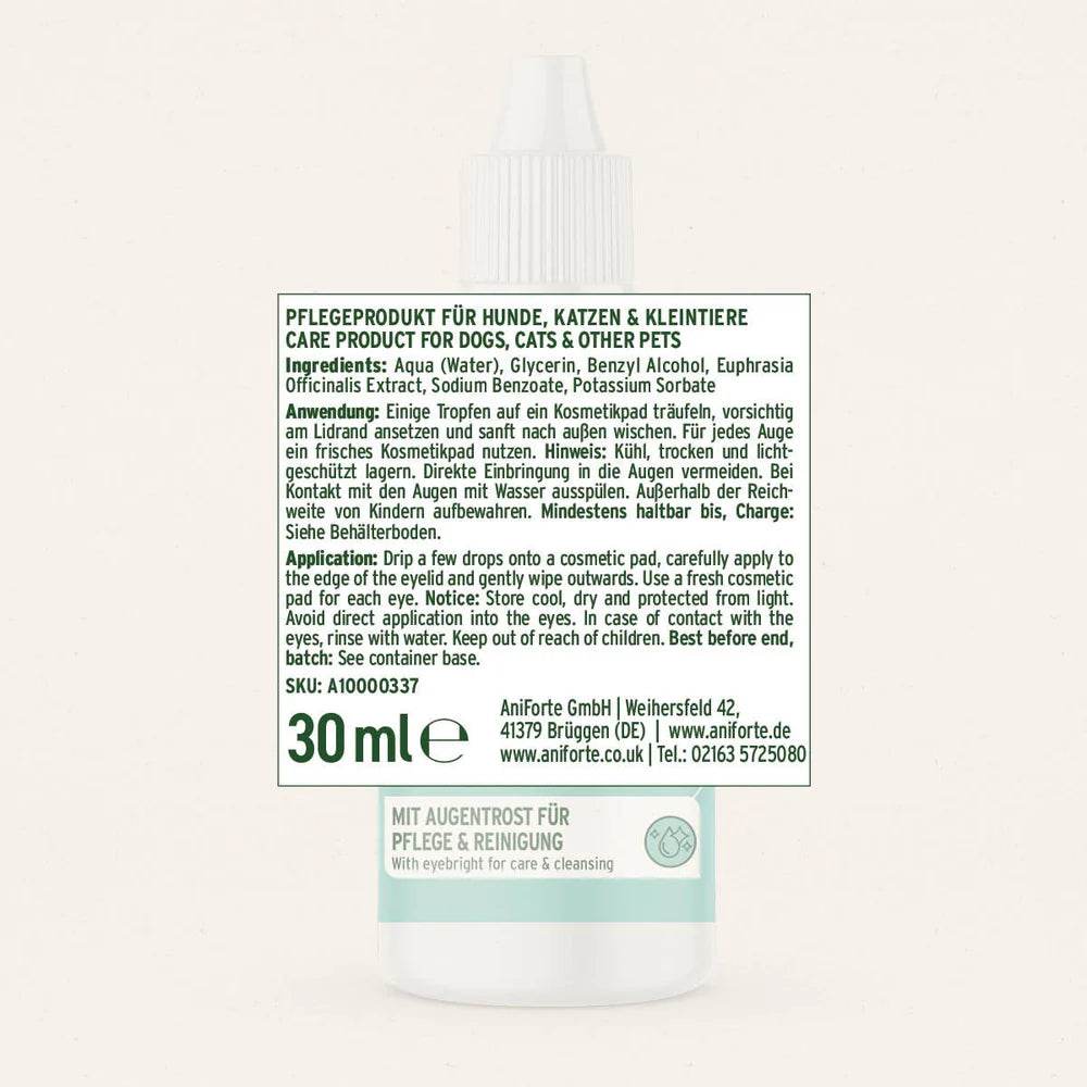 Etikett von AniForte® Sanfte Augenpflege mit Augentrost für Hunde, Katzen und Kleintiere, Beschreibung der Anwendung, Inhaltsstoffe, Aufbewahrungshinweise, 30 ml Flasche.