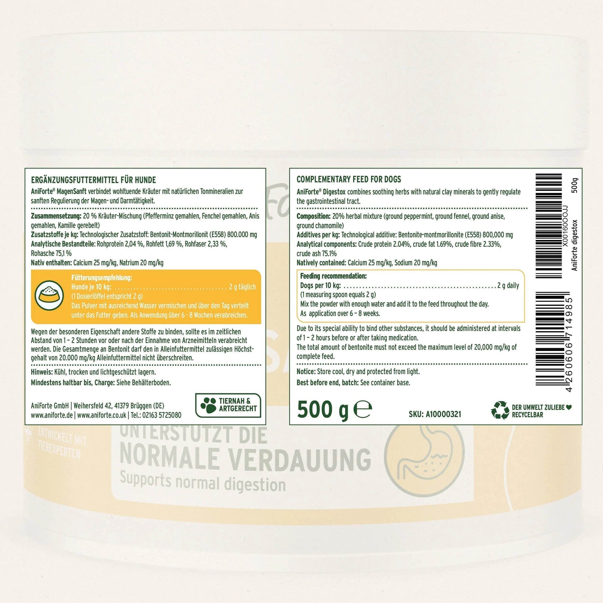 Etikett von AniForte MagenSanft Magenpulver für Hunde — detaillierte Angaben zu Inhaltsstoffen, Zusammensetzung und Fütterungsempfehlung für eine optimale Unterstützung der Verdauung.