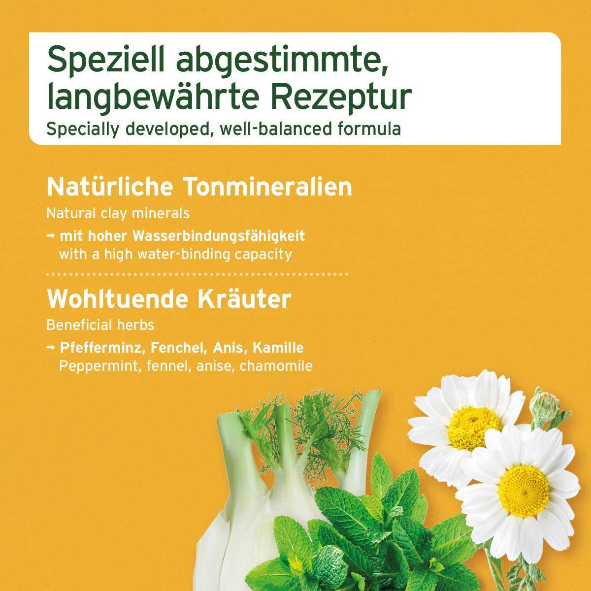 AniForte MagenSanft Magenpulver für Hunde — Grafik zur speziell abgestimmten Rezeptur aus Tonmineralien und Kräutern zur natürlichen Unterstützung der Verdauung und Magen-Darm-Funktion.